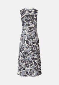 Ärmelloses, knielanges Kleid aus hellblauem Stoff mit dunklen Blumenmustern. Es hat eine taillierte Taille und einen Reißverschluss im Rücken.