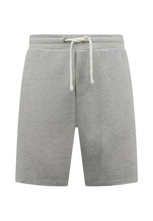 Grijze katoenen korte broek met elastische tailleband en witte trekkoord, knielengte, casual stijl.