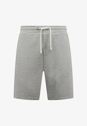 Grijze katoenen korte broek met elastische tailleband en witte trekkoord, knielengte, casual stijl.