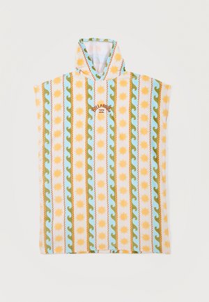 Plážové pončo s kapucňou, žlté prúžky so slnkom a zelené prúžky s vlnami, s logom "Billabong" na hrudi.