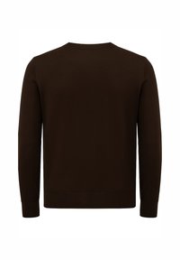 Maglione marrone lavorato a maglia con scollo a girocollo, maniche lunghe, polsini e orlo a coste. Tessuto liscio, design semplice senza motivi visibili.