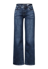 Jeans de mezclilla azul de pierna ancha con un diseño clásico de cinco bolsillos, cierre frontal con botón y un ligero desvanecimiento para un look casual.