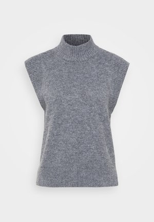 Hallgray ilma varrukatega kõrge kaelusega kampsun, mis on valmistatud ribakootud materjalist, omades keha külge sukkuvat siluetti ja pehmet tekstuuri.