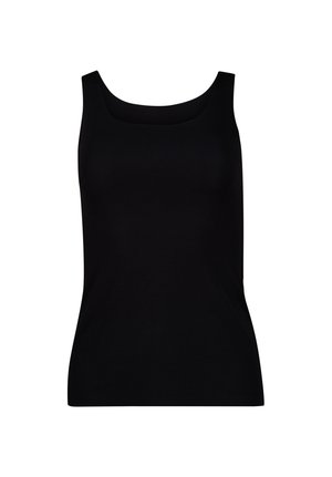 Schwarzes ärmelloses Tanktop mit quadratischem Ausschnitt und figurbetonter Silhouette auf weißem Hintergrund.