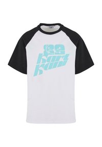 Short-sleeve raglan t-shirt with black sleeves and white body. Features turquoise graphic text design on front against a smooth fabric.