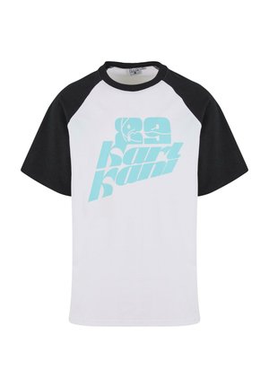 Short-sleeve raglan t-shirt with black sleeves and white body. Features turquoise graphic text design on front against a smooth fabric.