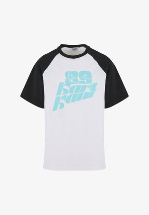 Short-sleeve raglan t-shirt with black sleeves and white body. Features turquoise graphic text design on front against a smooth fabric.