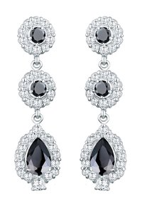 Silverörhängen med droppformade och cirkulära svarta stenar omgivna av klara rhinestones. Elegant, facetterad design med en polerad finish.