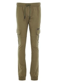 Khaki spodnie cargo z elastycznym pasem, regulowanym sznurkiem, wieloma bocznymi kieszeniami oraz zwężanymi mankietami. Wykonane z oddychającego materiału.