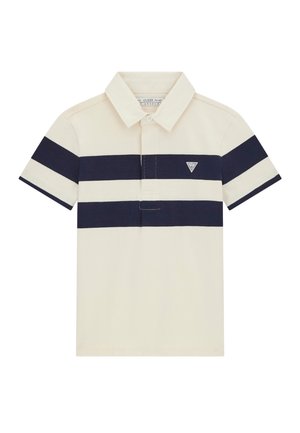 Polo beige avec des rayures horizontales bleu marine sur la poitrine et les manches, manches courtes, col et logo Guess sur la poitrine gauche.