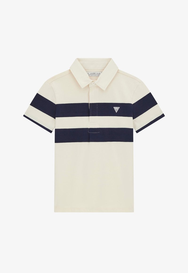 Bežinė polo marškinė su tamsiai mėlynomis horizontaliomis juostelėmis ant krūtinės ir rankovių, trumpomis rankovėmis, apykakle ir Guess logotipu kairėje krūtinės pusėje.