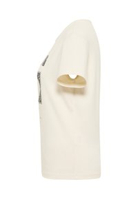 Beżowa bawełniana koszulka z okrągłym dekoltem, krótkimi rękawami i graficznym nadrukiem z przodu, o swobodnym kroju.