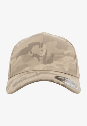 Beige Camouflage Cap mit strukturiertem Design, runder Krone und gebogenem Schirm. Der Stoff hat eine glatte Textur mit subtilen Mustervariationen.