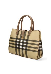 Borsa tote beige con manici marroni, caratterizzata da un distintivo motivo a quadri in verde scuro, bianco e marrone. Realizzata in materiale resistente.