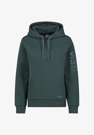 Donkergroene hoodie van zacht materiaal, met een voorkant zak, trekkoordkap en logo-opdruk op de mouw. Geribbelde manchetten en zoom.