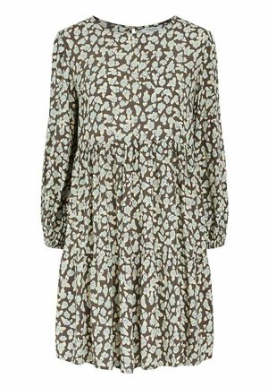 Robe à manches longues avec taille froncée et jupe à volants, fond marron avec un motif floral vert menthe clair.