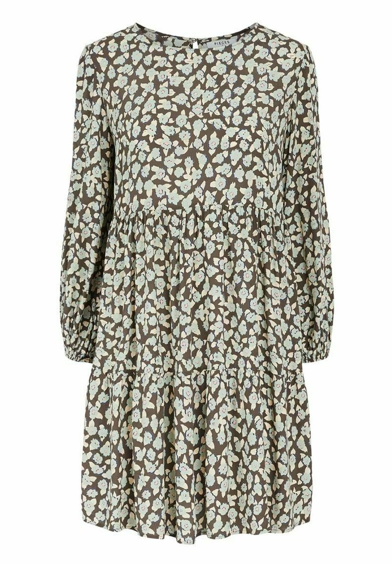 Robe à manches longues avec taille froncée et jupe à volants, fond marron avec un motif floral vert menthe clair.