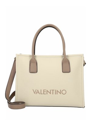Bolso Valentino en crema y topo con asas dobles y correa de hombro desmontable, con piel texturizada y diseño minimalista.
