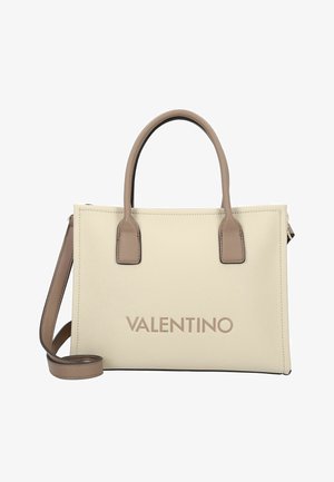 Bolso Valentino en crema y topo con asas dobles y correa de hombro desmontable, con piel texturizada y diseño minimalista.