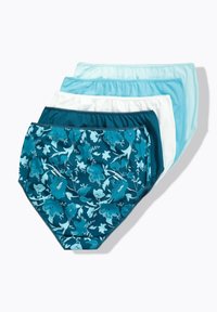 Fyra par damunderkläder i varierande nyanser av blått och vitt, med blommönster på det teal-färgade paret, tillverkade av slät tyg.