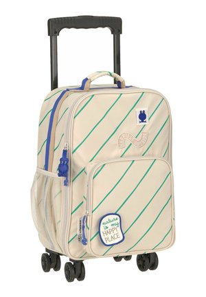 Valise à roulettes couleur crème avec des rayures diagonales vertes, des écussons sur les poches avant portant les inscriptions "nature is my happy place" et "happiest outside," et des tirettes de fermeture éclair bleues.