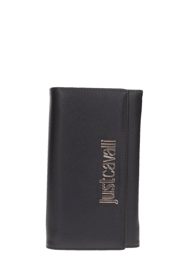Portafoglio in ecopelle nera. Logo "Just Cavalli" in rilievo e dorato. Forma rettangolare con finitura testurizzata e bordi cuciti.