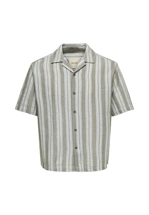 Chemise à manches courtes boutonnée avec des rayures verticales vertes, blanches et grises, et un col camp.
