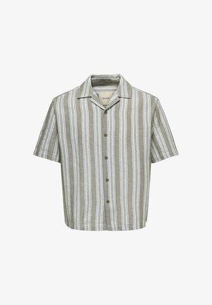 Chemise à manches courtes boutonnée avec des rayures verticales vertes, blanches et grises, et un col camp.