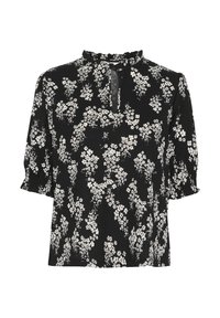 Blusa nera con stampa floreale bianca, maniche corte a palloncino, scollatura arricciata e dettaglio a chiave sul davanti. Tessuto testurizzato.