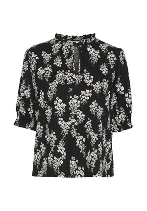 Blusa nera con stampa floreale bianca, maniche corte a palloncino, scollatura arricciata e dettaglio a chiave sul davanti. Tessuto testurizzato.