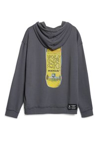Felpa grigia con cappuccio caratterizzata da una grafica di skateboard gialla e blu sul retro. Include un'etichetta di marca in basso a sinistra. Tessuto morbido.
