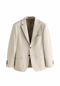 Beige op maat gemaakte blazer van lichtgewicht stof. Opvallende kenmerken: notch revers, twee voorzakken, sluiting met één knoop en manchetten met vier knopen.