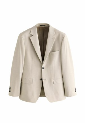 Beige tailored blazer in lightweight fabric. Notable features: notch lapels, two front pockets, single button closure, and four-button cuffs.