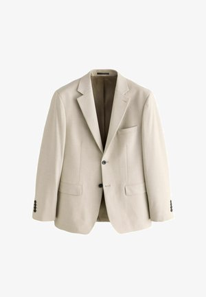 Beige tailored blazer in lightweight fabric. Notable features: notch lapels, two front pockets, single button closure, and four-button cuffs.