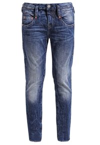 Modré vybledlé slim-fit džíny s pěti kapsami a viditelným švem, předním zapínáním na knoflík a poutky na opasek.