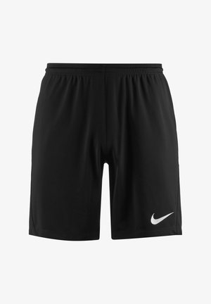 Pantalones cortos deportivos negros con cintura elástica y logo blanco de Nike en la parte inferior derecha, mostrados sobre un fondo blanco.