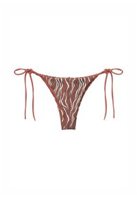 Bikiny s červeným a hnědým vlnitým pruhovaným vzorem, s nastavitelnými šňůrkami po stranách, vyrobené z hladkého, elastičtého materiálu.