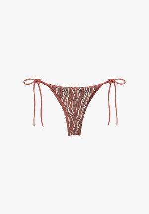 Spodnji del bikink z rdečim in rjavim valovitim vzorcem, nastavljive vezi na straneh, izdelan iz gladkega, raztegljivega materiala.