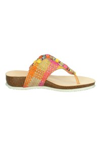 Colorful woven flip-flop sandal with an orange, pink, and yellow strap, cork-like sole, and light beige footbed. Design features a textured pattern.