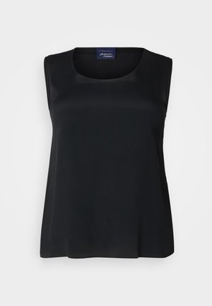 Czarna bezrękawnikowa bluzka wykonana z gładkiego materiału, z okrągłym dekoltem i luźnym krojem. Nie posiada widocznych wzorów ani ozdób.