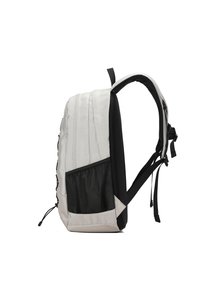 Zaino bianco e nero dal design elegante, dotato di numerosi scomparti con zip, una tasca laterale in meschino e spallacci regolabili.