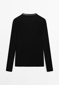 Black long-sleeve shirt with round neckline and straight hem, displayed flat with the back facing up against a white background.