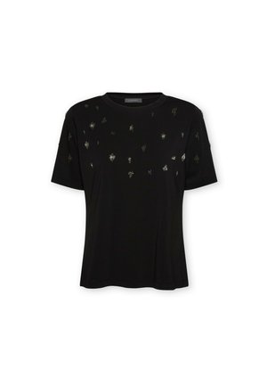 Schwarzes T-Shirt mit kurzen Ärmeln, Rundhalsausschnitt und verstreuten kleinen silbernen Paillettenverzierungen auf der oberen Vorderseite und den Ärmeln.