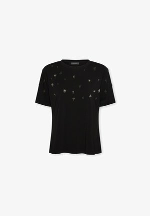 Schwarzes T-Shirt mit kurzen Ärmeln, Rundhalsausschnitt und verstreuten kleinen silbernen Paillettenverzierungen auf der oberen Vorderseite und den Ärmeln.