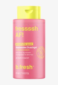 Roze plastic fles met een gele flip-topdeksel. Bevat vetgedrukte groene en gele tekst. Bevat 473 mL grapefruit-geurende douchegel. Vegan-vriendelijk.