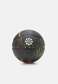 Black basketball featuring a textured surface, vibrant paint splashes in red, yellow, and green, and a white logo design on the front.