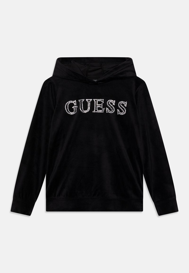 Hoodie in velluto nero con la scritta "GUESS" in strass, maniche lunghe e tasca a marsupio. Tessuto liscio con una vestibilità comoda.