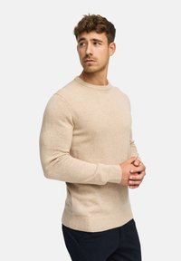 Suéter de punto beige con cuello redondo, puños y bajo acanalados. Textura suave, diseño ajustado con un sutil detalle en las costuras de los hombros.