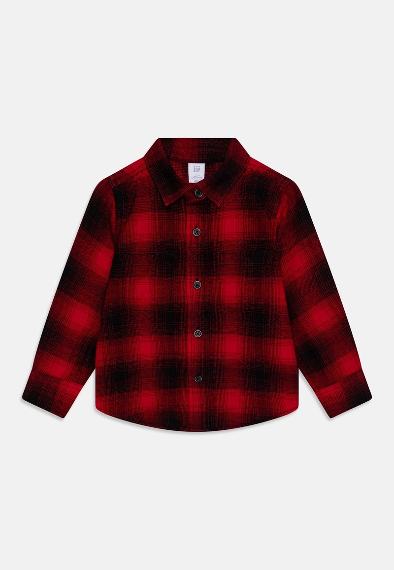 Chemise à manches longues à carreaux rouges et noirs avec boutons et col, présentée à plat sur fond blanc.