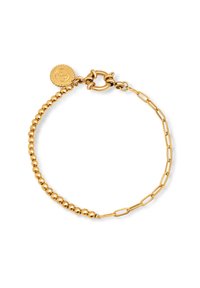 Pulsera de oro que presenta una combinación de cuentas redondas y eslabones alargados, con un cierre y un charm decorativo. Textura suave y acabado brillante.